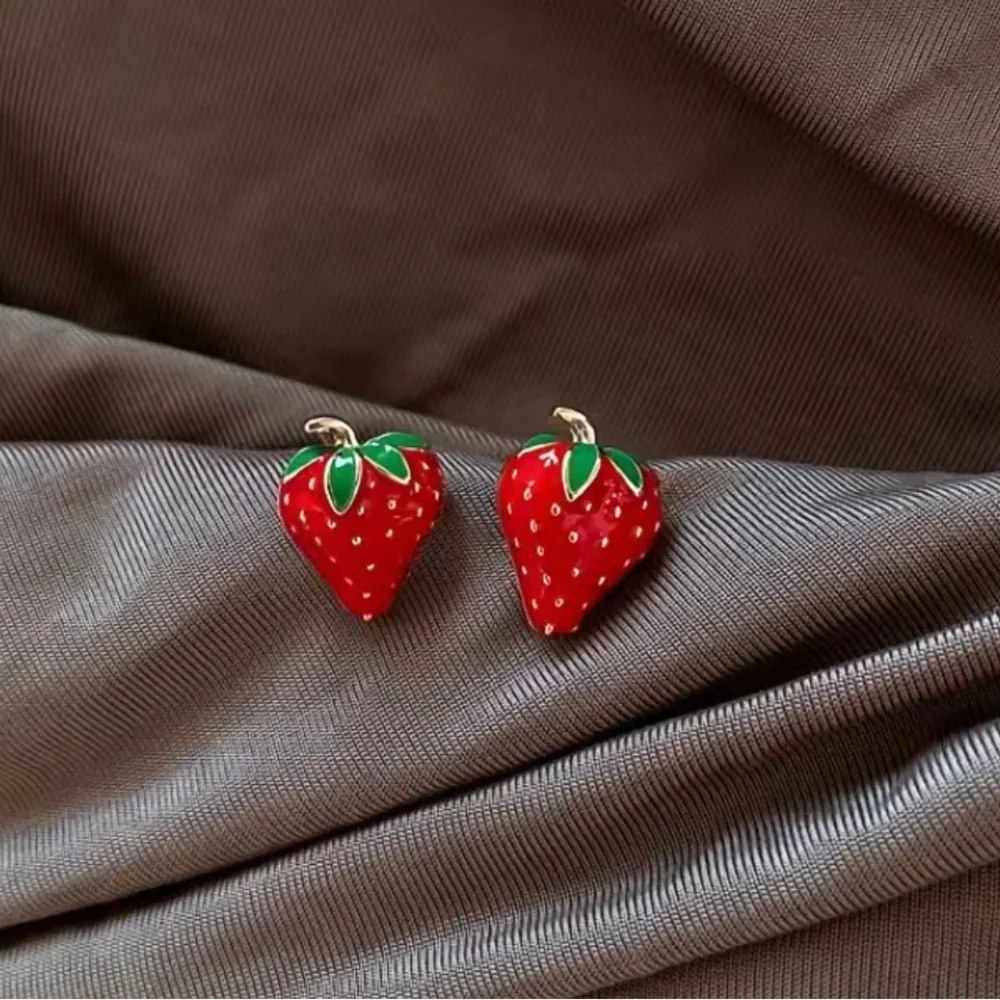 Strawberry Stud Earrings Silver Post 18K Gold Plated Enameled